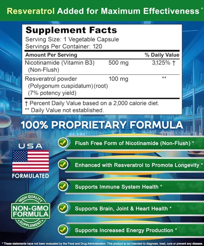 Miniatura 4 de aSquared Nutrition Nicotinamida con resveratrol – 120 cápsulas vegetales – Vitamina B3 500 mg (sin descarga de niacinamida) – Suplemento píldoras