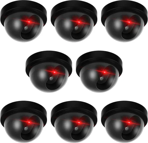 Kanayu Paquete de 8 cámaras de seguridad falsas, cámara de seguridad falsa CCTV, seguridad falsa con luz LED roja intermitente, señuelo de Negro