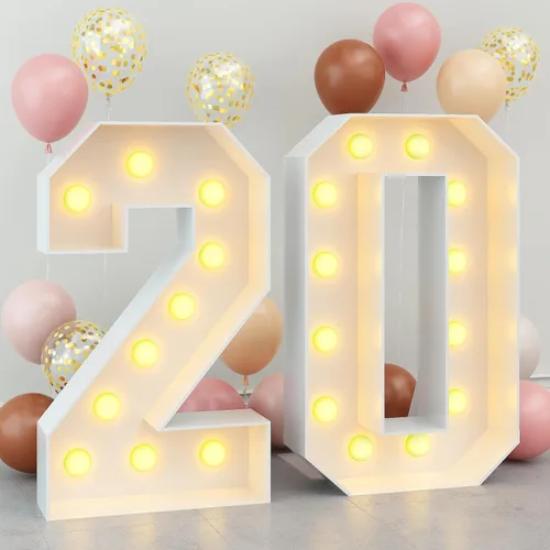 Marco de marquesina de números luminosos de 4 pies con 20 números de mosaico para fiesta de cumpleaños de 20 años, cartón grande con ranuras