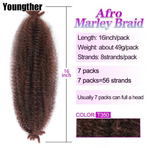 Miniatura 6 de Youngther Cabello afro de 16 pulgadas preesponjado con resorte, 7 paquetes de rastas suaves, cabello humano trenzado Marley Twist para mujeres