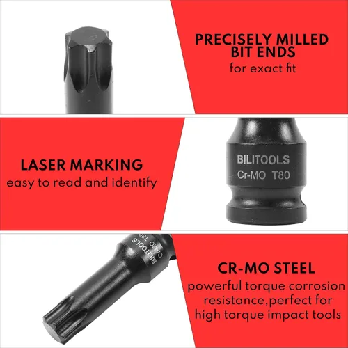 Miniatura 6 de BILITOOLS Juego de 8 piezas de llaves de impacto con puntas Torx de 1/2 pulgada, T30-T80, acero Cr-Mo