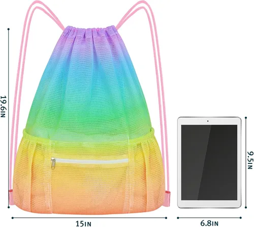 Miniatura 6 de Mochila de malla con cordón, bolsa de gimnasio deportiva grande para mujeres y niños con bolsillo y cremallera para playa, yoga, fútbol, fútbol, Con
