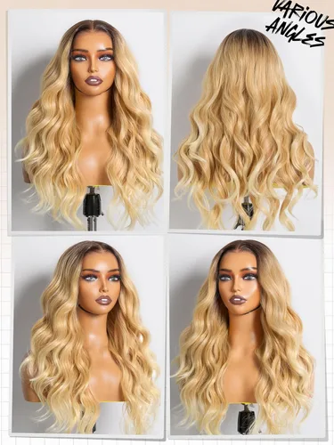 Miniatura 6 de GORGIUS Peluca lacia sin pegamento Ombre rubia ondulada HD con encaje frontal transparente, lista para usar, prediseñado, elaborado con tecnología