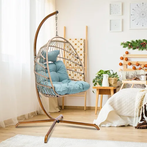 Miniatura 16 de NICESOUL Acogedora silla colgante con soporte para interiores y exteriores, silla columpio de mimbre para patio con cojín y patas doradas, 350