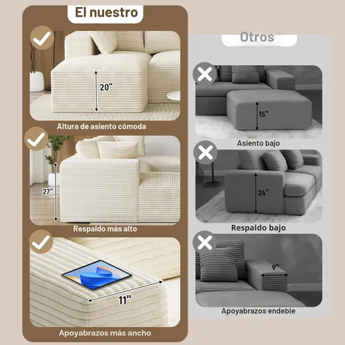 Miniatura 9 de Sofás seccionales en forma de U de gran tamaño de 131 pulgadas para sala de estar, cómodo sofá modular de pana esponjosa beige sin hueso, sofá
