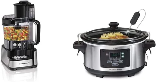Hamilton Beach - Procesador de alimentos y picador de verduras, 12 tazas, negro y portátil, juego de 6 cuartos de galón y olvídate de la olla lenta