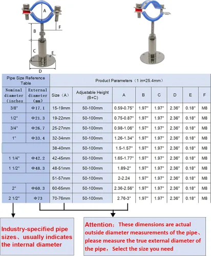 Miniatura 3 de Soportes de tubería de montaje en techo para montaje en pared, abrazaderas de tubo ajustables, perchas, acero inoxidable 304, 2 piezas adecuadas