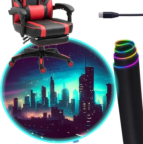 Tapete para silla de juegos, luces LED RGB para juegos (horizonte de 47 pulgadas), cancelación de ruido, tapete antideslizante para suelo de Skyline