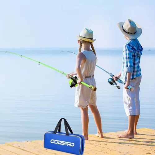 Miniatura 6 de ODDSPRO Caña de pescar para niños, color rosa, kit combinado de caña de pescar telescópica portátil y carrete - con caja de aparejos de pesca