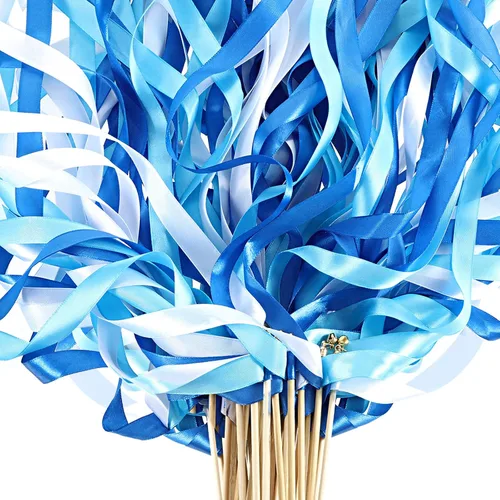 Chalyna 100 unidades de cinta de encaje para boda, cintas coloridas, serpentinas de fiesta con campanas, varitas de seda para bodas, fiestas, blanco