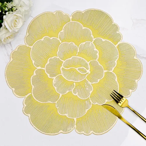 Paquete de 6 manteles individuales redondos con diseño floral dorado y amarillo, manteles individuales de vinilo para mesa de comedor, lavables,