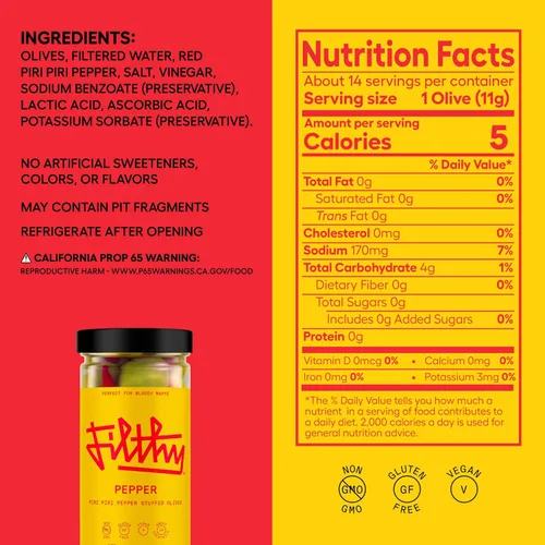 Miniatura 2 de Aceitunas rellenas de pimiento Filthy Pepper, guarnición premium para cócteles, aceitunas rellenas de pimiento Piri Piri, sin OMG, sin gluten