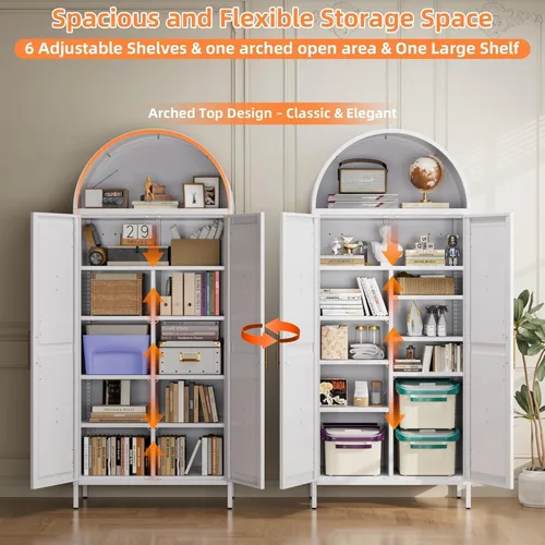 Miniatura 3 de Armario de despensa arqueado de metal blanco de 72.8 pulgadas para almacenamiento de cocina, armario alto de 2 puertas con 6 estantes ajustables
