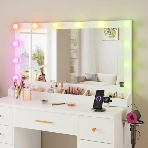 Miniatura 7 de LAKEMID Escritorio de tocador blanco con espejo y luces, mesa de tocador de maquillaje con salida y 8 cajones, escritorio de maquillaje con luces