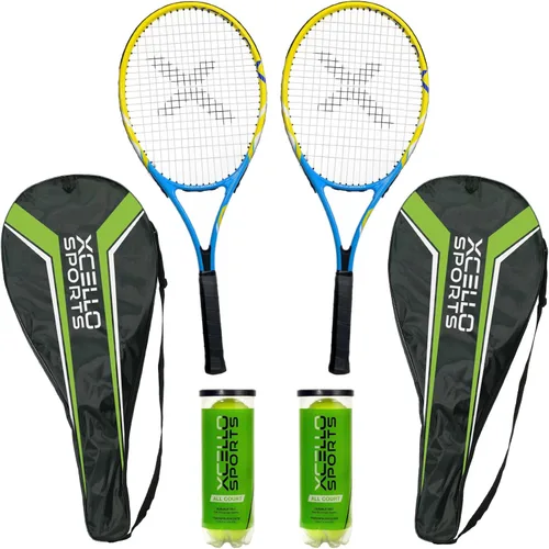 Xcello Sports Juego de raquetas de aluminio de 27" (azul/amarillo) con 2 tubos de pelotas de tenis y 2 fundas