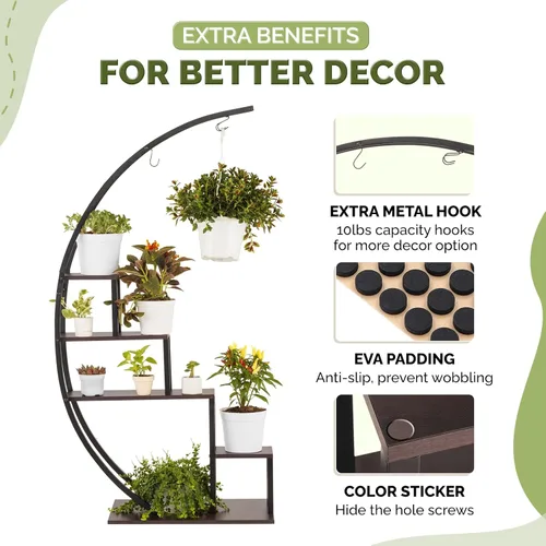 Miniatura 2 de IDZO - Estantería de metal en forma de media luna para plantas, estantes múltiples para interiores, marrón oscuro, ideal para la decoración