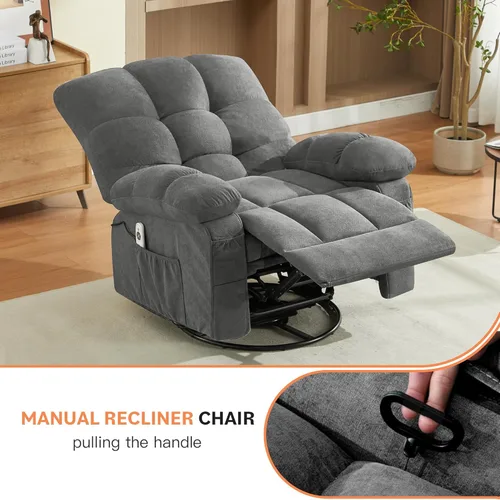 Miniatura 7 de Grey 360° Massage Swivel Recliner Chair with Vibration Massage and Lumbar Heating for Adults, Oversized Rocking Recliner Chair with Side Pocket and
