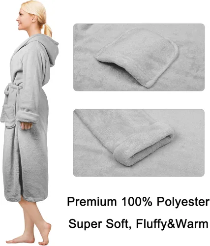 Miniatura 2 de Bata de baño larga con capucha Sherpa para mujer, con capucha, forro de sherpa, color gris