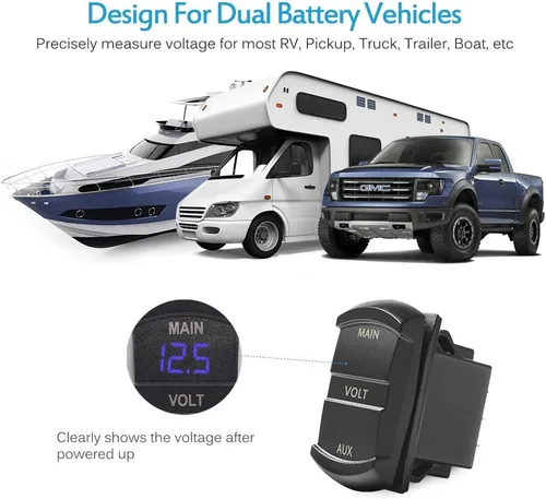 Miniatura 4 de MICTUNING MIC-DV-077 Voltímetro digital de panel LED, monitor de voltaje estilo interruptor basculante, azul para 2 baterías, para coche, camioneta