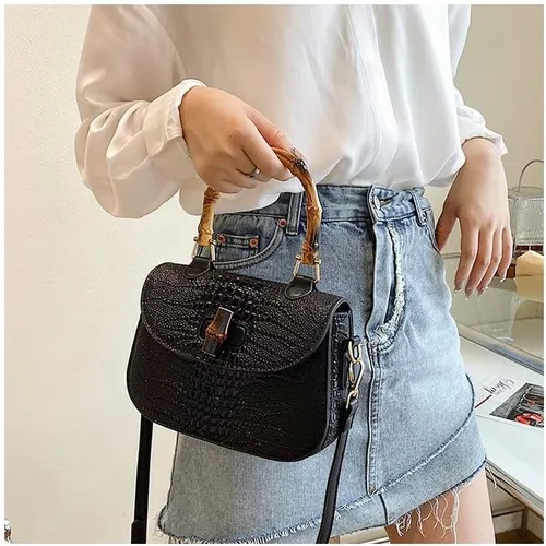 Miniatura 7 de Bolso de mano de cuero artificial de bambú con asa superior para mujer, elegante bolso de noche, regalo para mujer, hecho a mano
