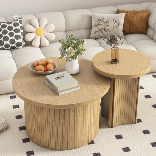 Miniatura 3 de Mxtxmy Juego de 2 Mesas de Café Anidadas de Estilo Granja, Mesa de Café Redonda para Sala de Estar, Juego de Mesas de Café con Acabado de Madera