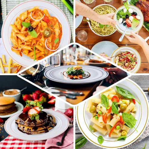 Miniatura 4 de Efavormart - Paquete de 10 platos redondos desechables de plástico Très Chic de 6 pulgadas con borde dorado, platos de postre de alta calidad