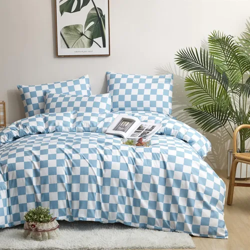 Miniatura 2 de KAREVER Juego de edredón azul y blanco a cuadros, juego de ropa de cama para niñas, juego de edredón a cuadros azul y blanco, manta para niños