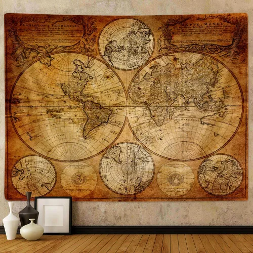Moyrisou Tapiz para colgar en la pared del mapa del mundo antiguo para chicos, decoración de pared con mapa pirata vintage, tapiz náutico del mundo,