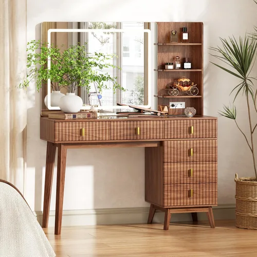 Miniatura 10 de Ieejdn Escritorio Grande de Tocador con Espejo y Luces, Escritorio de Tocador con 6 Cajones y Estantes de Almacenamiento, Mesa de Tocador con Toma