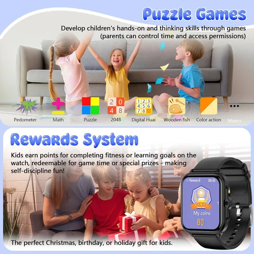 Miniatura 7 de Reloj inteligente para niños, rastreador de actividad física de 1.85 pulgadas con cámara, juegos, música, SOS, AI, reloj despertador, video, control