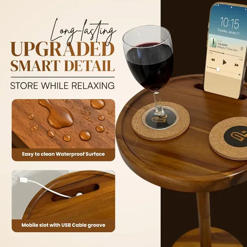Miniatura 5 de Mesa de bebidas para espacios pequeños, mesa auxiliar de pedestal de 24 pulgadas de alto con base estable, soporte para teléfono y 2 posavasos, mesa