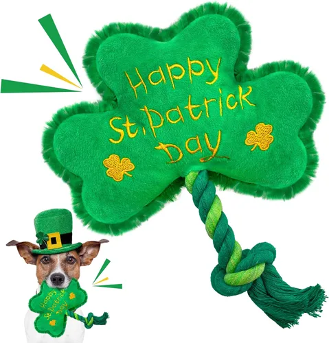 Juguete para perros del día de San Patricio, juguetes chirriantes para perros con cuerda, juguetes de peluche de trébol de trébol, regalos del día