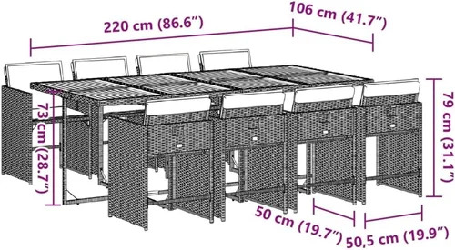 Miniatura 9 de 9 Piece Patio Dining Set Outdoor Furniture PE Rattan & Acacia Wood Black Rectangular Modern Design for Garden, Terrace, and Balcony