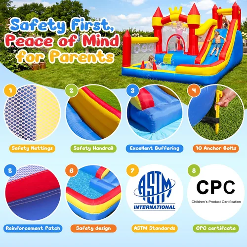 Miniatura 4 de Liaakrr Casa de rebote 8 en 1 para niños, casa inflable con tobogán, pared de escalada, hoyo de pelota, obstáculos, trampolín y aro de baloncesto