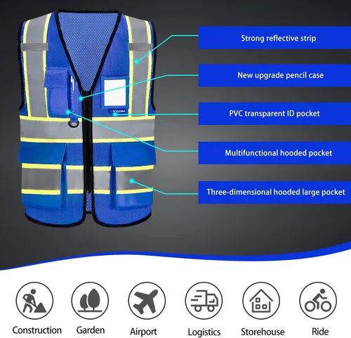 Miniatura 5 de AYKRM 11 color alta visibilidad reflectante chaleco de seguridad para mujeres hombres bolsillo cremallera ANSI/ISEA estándar Azul (Blue Mesh)