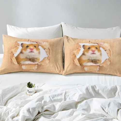 Miniatura 5 de Erosebridal Juego de sábanas de hámster, tamaño individual, color marrón, diseño de ratón 3D, lindo animal, sábana bajera ajustable Kawaii