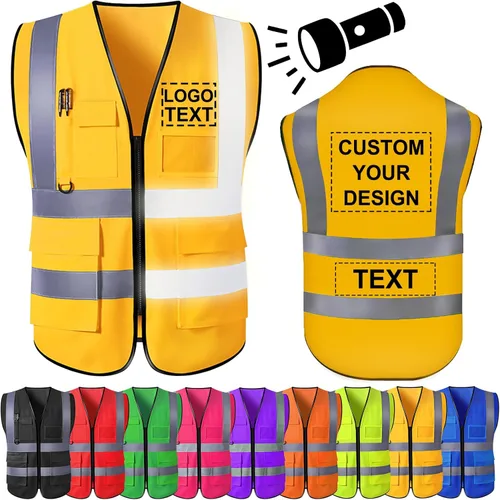 Miniatura 7 de Chaleco de seguridad personalizado para hombre, chaleco personalizado de alta visibilidad, ropa de trabajo con tira reflectante, 5 bolsillos Azul