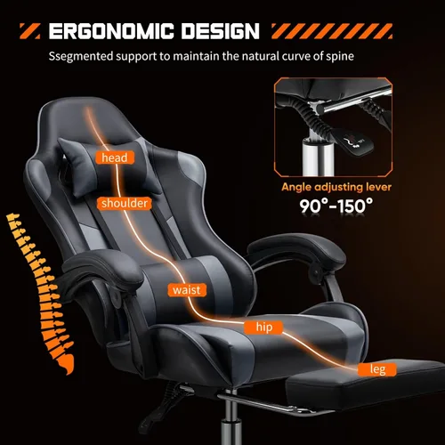 Miniatura 4 de Silla de juegos resistente, silla ergonómica para videojuegos para oficina en casa con reposapiés, soporte lumbar, respaldo ajustable, ruedas