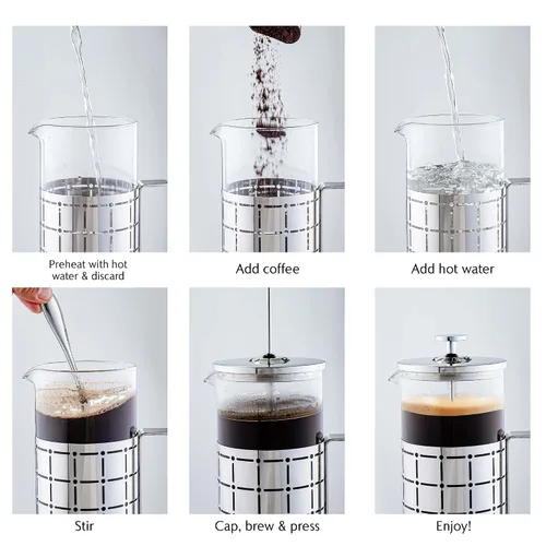 Miniatura 8 de OVENTE Cafetera de prensa francesa de 27 onzas con vidrio de borosilicato resistente al calor, diseño de acero inoxidable y sistema de filtro de 4