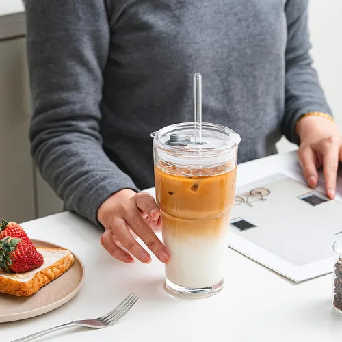 Miniatura 6 de SoulTimes Vaso de vidrio de 20 onzas con tapa y popote de vidrio – Juego de 2 vasos transparentes reutilizables para café helado, vaso para café