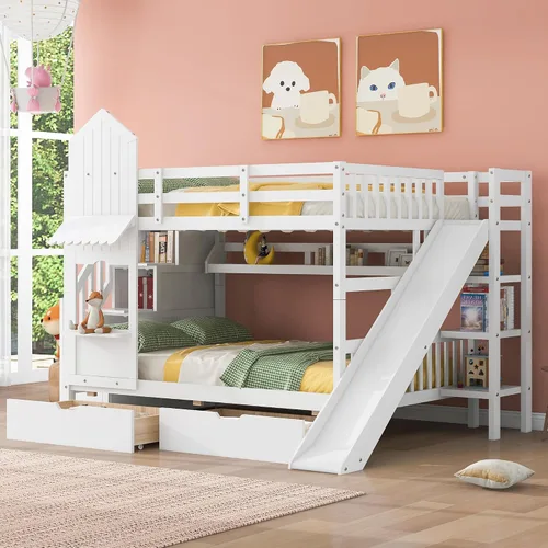 Miniatura 34 de Litera de casa individual sobre cama individual con tobogán convertible y nido, litera de madera maciza con techo y ventana para niños, verde-blanco