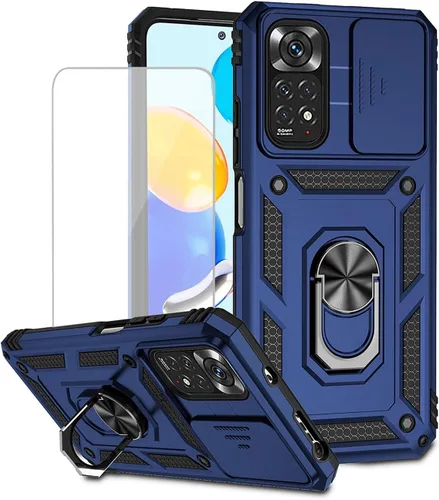 Funda para Redmi Note 11 (4G)/Redmi Note 11S 2201117TY con protector de pantalla de vidrio templado y cubierta de cámara deslizante, anillo Azul
