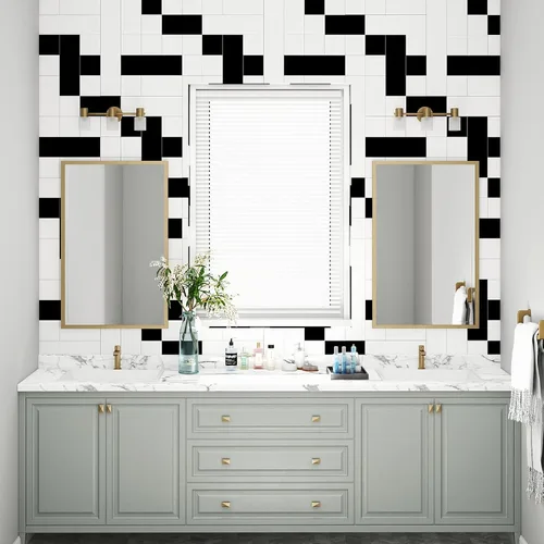 Miniatura 4 de Hopepak Papel tapiz de mosaico blanco y negro, moderno patrón de cuadrícula para despegar y pegar, decoración de pared extraíble, mural de vinilo
