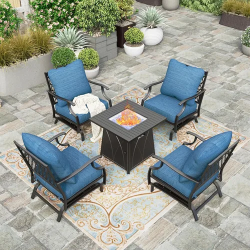 Miniatura 23 de HERA'S HOUSE Juego de muebles de patio de 5 piezas, 4 sillas giratorias acolchadas gruesas con mesa para fogatas de 28 pulgadas (50,000 BTU), juego