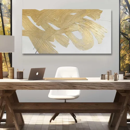 Miniatura 5 de Arte de pared abstracto dorado blanco y dorado pintura enmarcada moderna obra de arte con textura para sala de estar oficina comedor cuadros 24x48