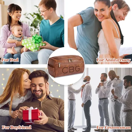 Miniatura 7 de Neceser de Cuero Personalizado para Hombres, Kit de Viaje Dopp Grabado Personalizado, Regalo de Iniciales de Nombre Personalizado para Padrinos