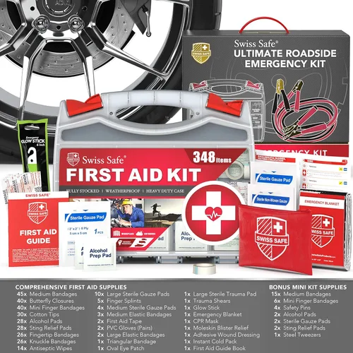 Miniatura 5 de Swiss Safe Kit de emergencia para automóvil 2 en 1 Cables de puente de alta resistencia de 12 pies y kit completo de primeros auxilios