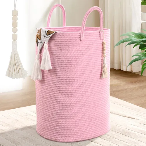 Miniatura 17 de Cesta Tejida de 65L para Ropa, Grandes Cestas de Lavandería Rectangulares con Cuentas y Borlas, Cesta de Almacenamiento para Guardería para Marrón