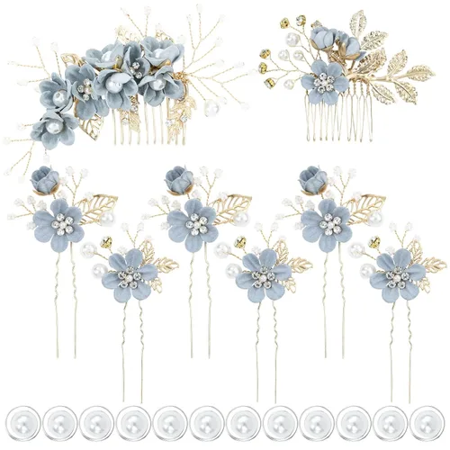 inSowni - Juego de 20 peines laterales elegantes de color azul polvoriento con flores para novias, accesorios para el cabello para bodas, pinzas