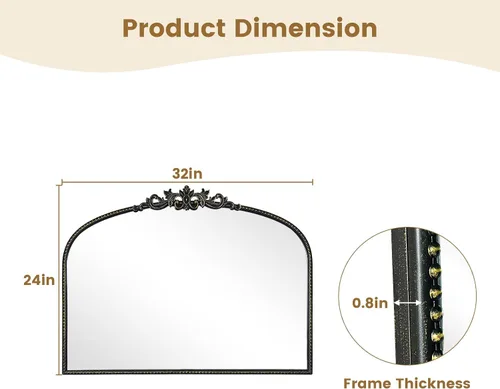 Miniatura 7 de WallBeyond Espejo vintage negro para tocador de 32x24 pulgadas, espejo negro antiguo con marco ornamentado, pared vintage arqueada para baño, sala